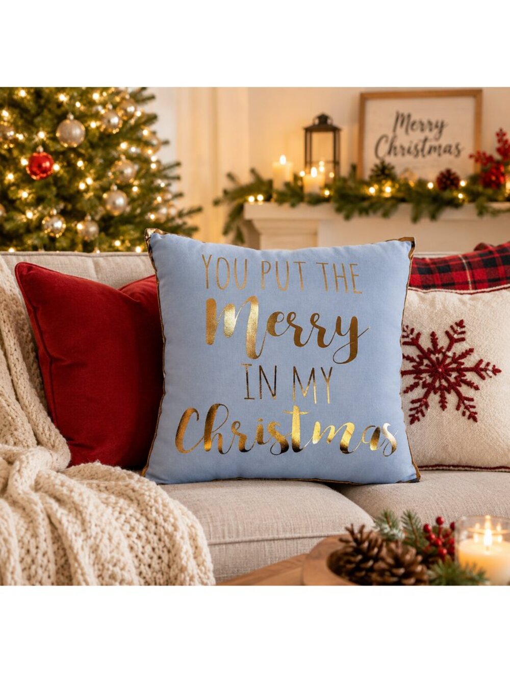 You Put the Merry in my Christmas Large Gold Lettered Glam Throw Pillow